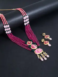 Golden Peacock Women Gold-Toned & Pink Beaded Layered Necklace & Earrings