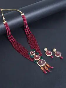 Golden Peacock Women Gold-Toned & Maroon Beads Beaded Layered Necklace & Earrings