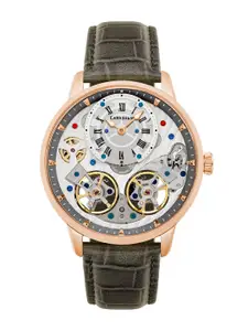 EARNSHAW Men Grey Brass Embellished Dial & Grey Leather Bracelet Style Straps Analogue Automatic Motion Watch