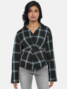 SF JEANS by Pantaloons Black & Blue Checked Twisted Shirt Style Top