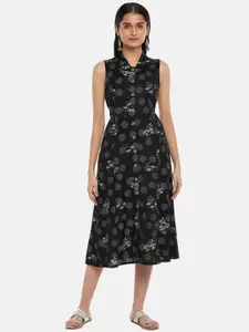 AKKRITI BY PANTALOONS Women Black Cotton Floral Shirt Midi Dress