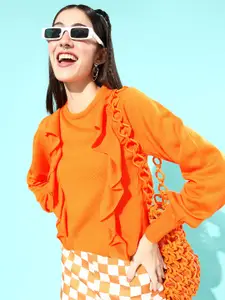Mast & Harbour Women Orange Self-Design Ruffles Detail Pullover