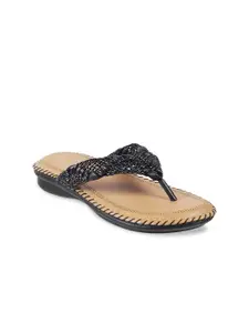 WALKWAY by Metro Women Black T-Strap Flats with Laser Cuts