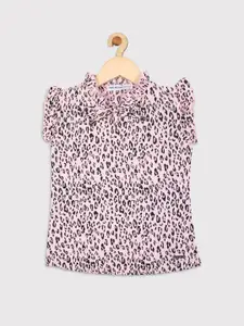 Nins Moda Girls Pink & Black Animal Print Tie-Up Neck Top