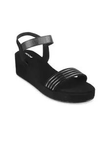 Mochi Women Black Striped Open Toe Synthetic Wedge