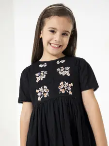 Cherry Crumble Girls Black Floral Embroidered Fit And Flare Dress