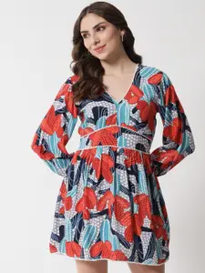 The Dry State Orange & Blue Abstract Print Fit & Flare Dress