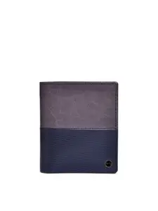 Belwaba Men Gunmetal-Toned & Blue Colourblocked Leather Two Fold Wallet