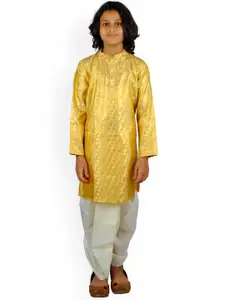 Sethukrishna Boys Gold-Toned & White Ethnic Motifs Printed Kurta with Dhoti Pants