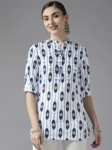 Amirah s White & Navy Blue Print Mandarin Collar Roll-Up Sleeves Shirt Style Top