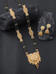 Brandsoon Gold-Plated Black Beaded Mangalsutra WIth Earrings