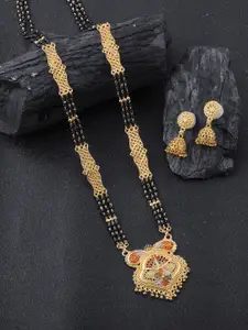 Brandsoon Gold-Plated Black Beaded Mangalsutra WIth Earrings