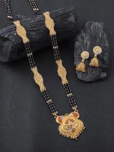 Brandsoon Gold-Plated Black Beaded Mangalsutra WIth Earrings