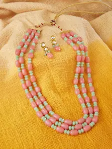 Zaveri Pearls Gold-Plated Peach & Green Beaded Multi-Layered Necklace Jewellery Set