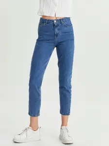 LC Waikiki Women Blue Pure Cotton Mom Fit High-Rise Jeans