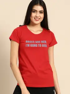 Clt.s Women Red Printed Cotton Boyfriend Fit Lounge T-Shirt