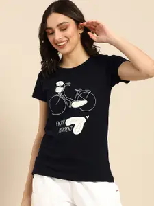 Clt.s Women Navy Blue Printed Cotton Boyfriend Fit Lounge T-Shirt