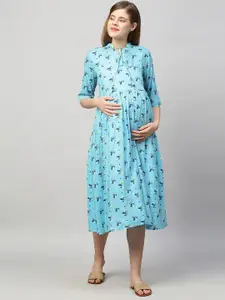 MomToBe Blue Floral A-Line Maternity Midi Nursing Sustainable Dress