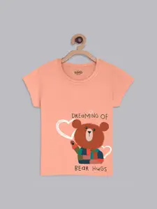Kids Ville Girls Peach-Colored & Brown Printed Pure Cotton T-shirt