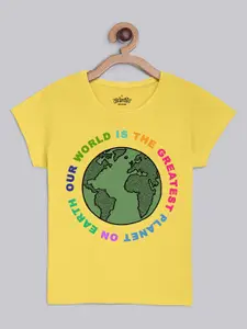 Kids Ville Girls Yellow & Green Printed Pure Cotton T-Shirt