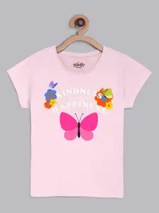Kids Ville Girls Pink & White Printed Pure Cotton T-shirt