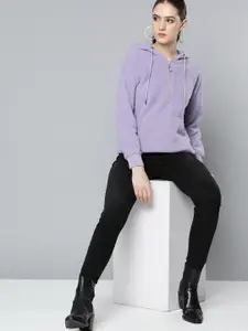 Chemistry Women Lavender Solid Fleece Hooded Sweatshirt