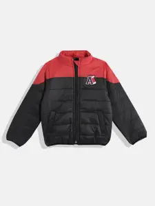 Allen Solly Junior Boys Black & Red Colourblocked Padded Jacket with Patchwork