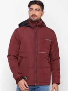 SPYKAR Men Red Camouflage Longline Padded Jacket with Patchwork