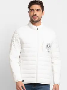 SPYKAR Men White Puffer Jacket with Embroidered