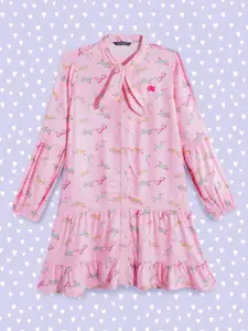 Allen Solly Junior Girls Pink & Green Conversational Print Puff Sleeves A-Line Dress