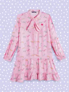 Allen Solly Junior Girls Pink & Green Conversational Print Puff Sleeves A-Line Dress