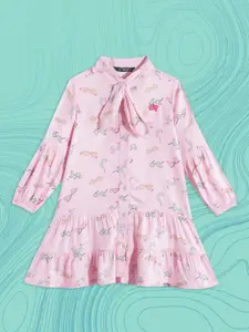 Allen Solly Junior Girls Pink & Green Printed A-Line Dress