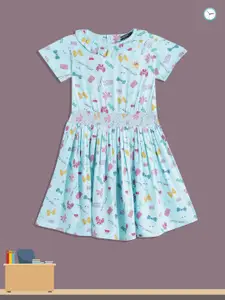 Allen Solly Junior Girls Blue & Pink Printed Fit & Flare Dress