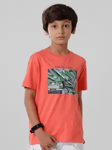 PIPIN Boys Peach-Coloured Printed T-shirt