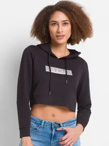 SPYKAR Women Black Printed Hooded Sweatshirt