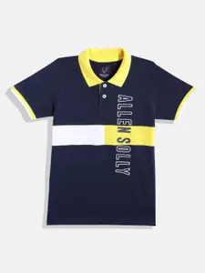 Allen Solly Junior Boys Navy Blue & Yellow Pure Cotton Striped Polo Collar T-shirt