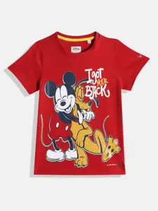 Allen Solly Junior Boys Red Mickey Mouse & Pluto Printed Pure Cotton T-shirt