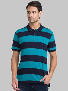 Parx Men Green Striped Polo Collar Applique T-shirt