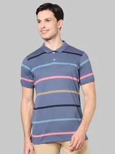 Park Avenue Men Grey Striped Mandarin Collar Slim Fit T-shirt