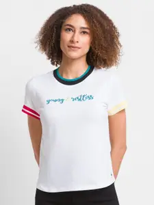 SPYKAR Women White Typography Applique T-shirt