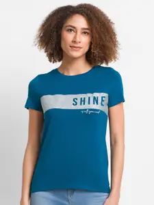 SPYKAR Women Blue Typography Printed Applique T-shirt