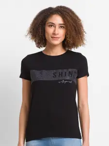 SPYKAR Women Black Typography Printed T-shirt