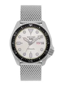 SEIKO Men Embellished Dial & Silver Toned Stainless Steel Wrap Around Straps Analogue Automatic Watch