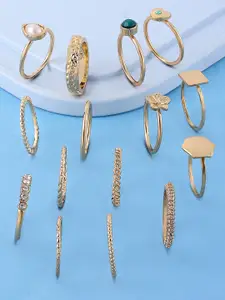 AMI Set of 15 Gold-Plated Green & White Stone Studded Stackable Finger Rings