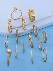 AMI Set of 15 Gold-Plated White Stone Studded & Beaded Finger Ring
