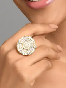 Fida Gold-Plated White Stone-Studded & Beaded Adjustable Finger Rings