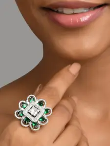 Fida Silver-Plated Green American Diamond Studded Finger Ring