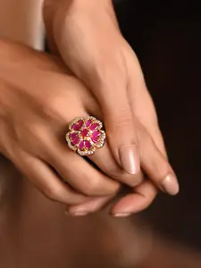 Fida Gold-Plated White & Pink Stone-Studded Adjustable Finger Rings
