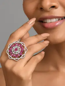 Fida Women Pink & Silver-Toned Rhodium-Plated AD Finger Ring