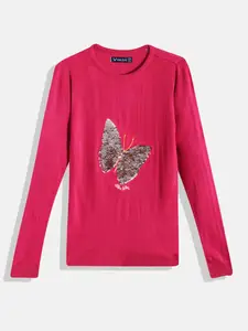 Allen Solly Junior Girls Pink Solid Pullover with Butterfly Sequin Embellished Detail